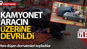 Kamyonet arac?n zerine devrildi: Src ve arkada?? domatesleri ay?klad?